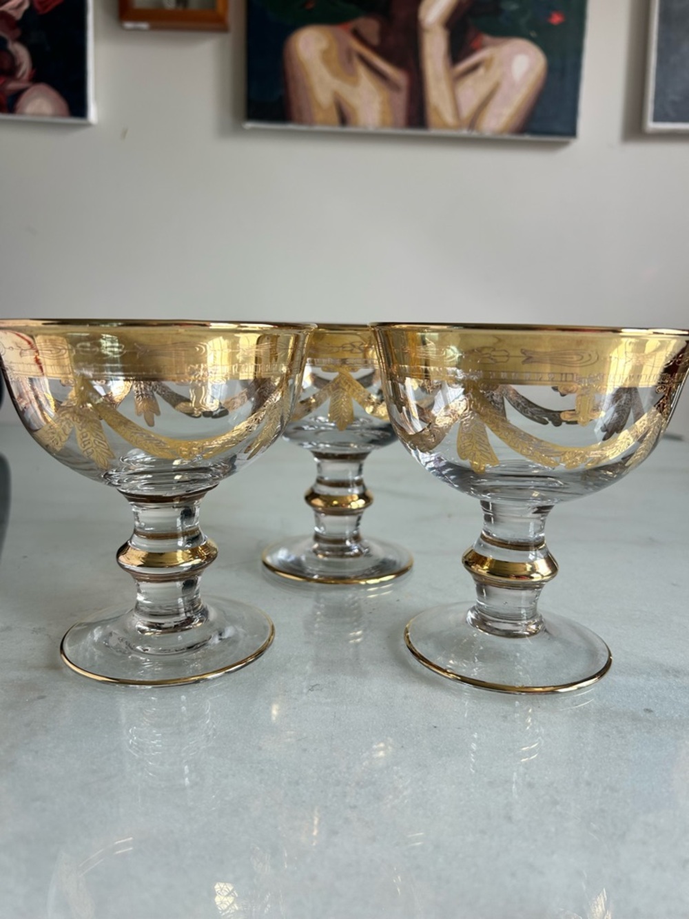 Vintage Italian Crystal Compote Dessert Cups Set of 3 24k Gold Band Medici Style